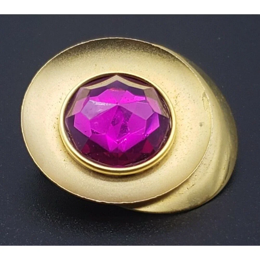 Purple Pink Sparkly Rhinestone Brooch Pin Gold Tone Layered Vintage Unique!